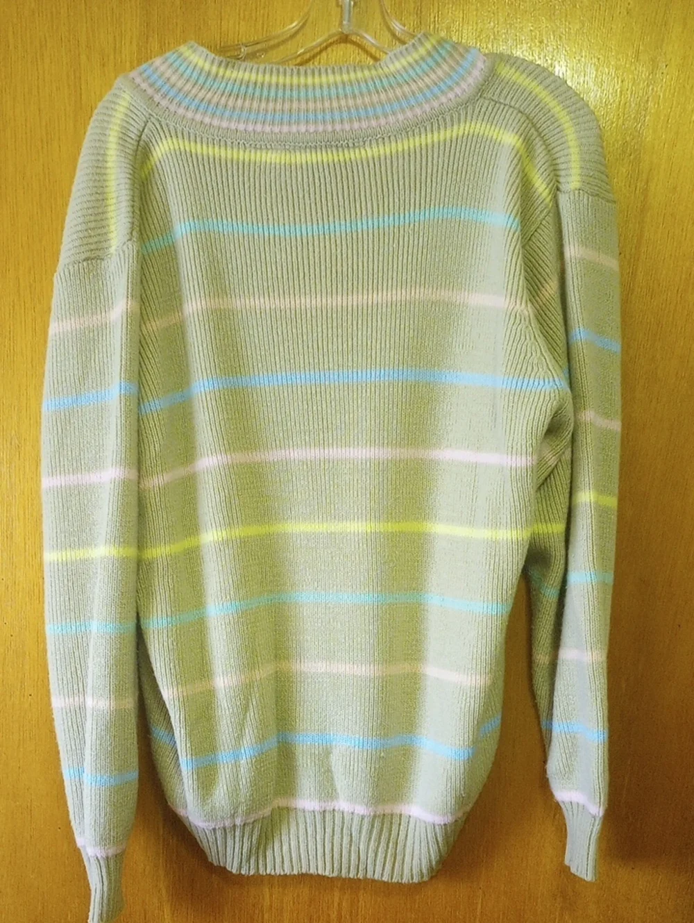 Stapely Knits Striped Oversized Vtg Sweater. Tan Pink Peach Yellow Green Blue